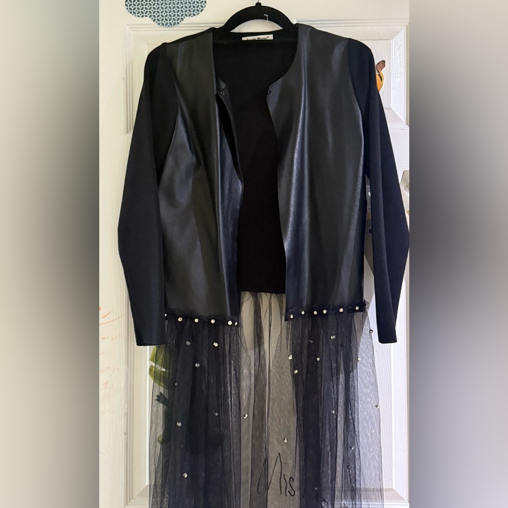 Elegant Black Jacket with Tulle and Pearl Details